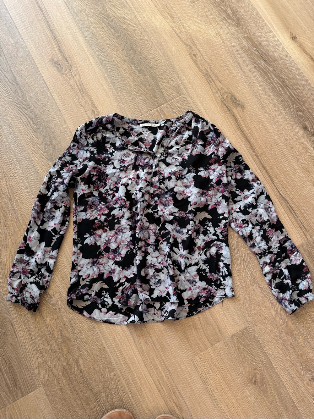 Violet & Claire Black Floral Long-Sleeve Blouse with Pink Accents
